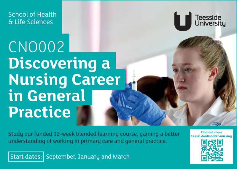 Teesside University - Discovering a Nursing Career - CN0002. Contains QR code linking direct to Teesside University website. Image of student nursing with vaccine syringe in hands